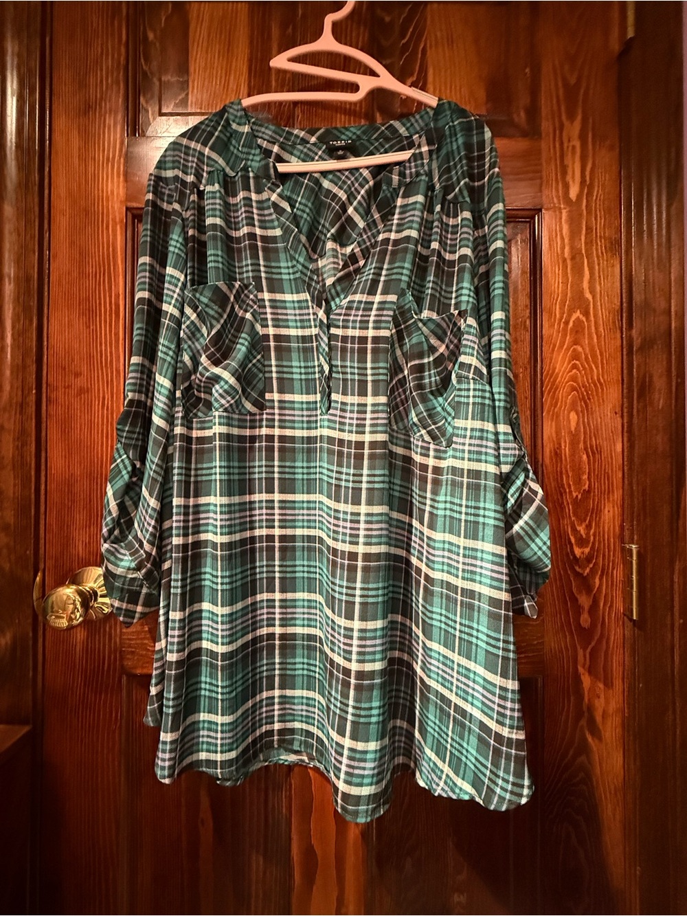 torrid Green and Black Plaid Roll-Sleeve Tunic Blouse